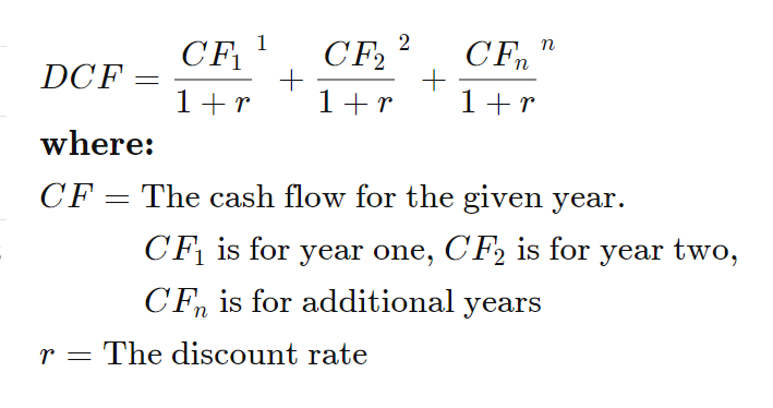 An equation showing in detail how the discount cash flow calculation used in mergers and acquisitions works, explaining what each value means