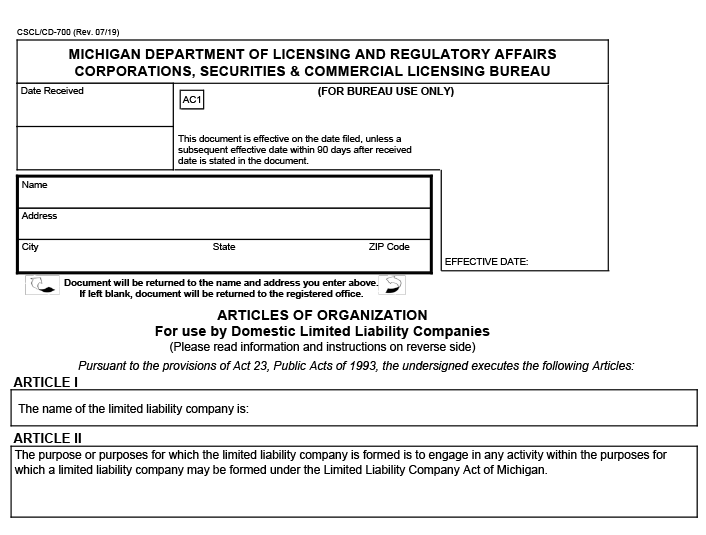 A Michigan CSCL/CD-700 form is shown, with areas to input the contact information of the company to be incorporated under the articles of incorporation.