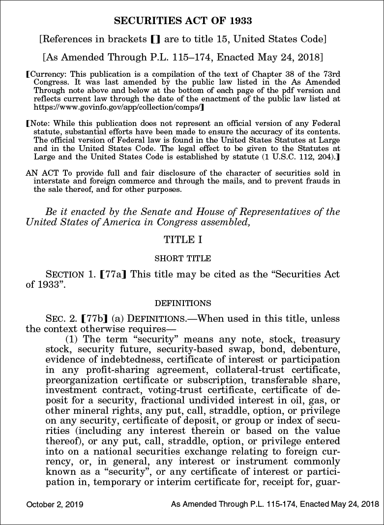 PDF copy of the SEC Securities Act of 1933 for SEC compliance